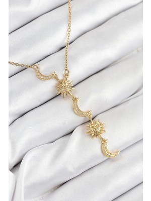 VeraGlobe Buğz 316L Çelik Zirkon Taşlı Güneş ve Ay Model Gold Renk Kadın Kolye