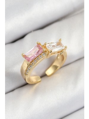 VeraGlobe Buğz Pirinç Zirkon Taşlı Dikdörtgen Model Gold Renk Kadın Yüzük