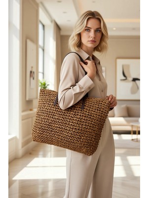 Benerly Kadın Büyük Beden Hasır El Örgüsü Dokuma Omuz Çantası Geniş Iç Hacimli Günlük Kullanım Şık