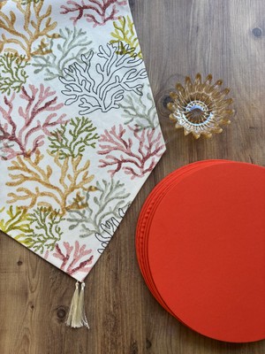 Halfart Turuncu Mercan Duck Keten Runner ve 6'lı Turuncu Supla Seti