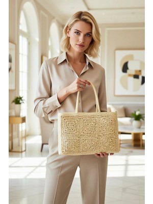 Benerly Kadın Büyük Beden Hasır El Örgüsü Maksi Omuz Çantası Geniş Iç Hacimli Yazlık Günlük Kullanım