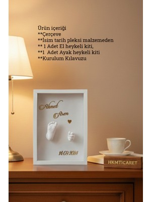 Verda Çerçeve  25X35X7 cm Bebek El Ayak Beyaz Heykel Yapım Kiti ve Beyaz Derin Anı Çerçevesi 3D Kalıp Alma