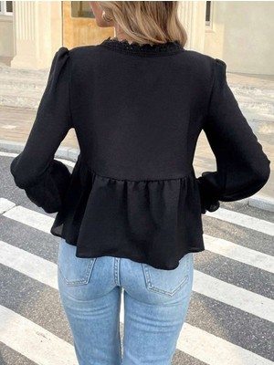 Trend Esinty Kadın Dantelli V Yaka Ayrobin Bluz