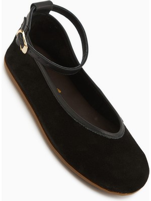 Limoya Jenin Hakiki Deri Siyah Süet Kemerli Kadın Babet