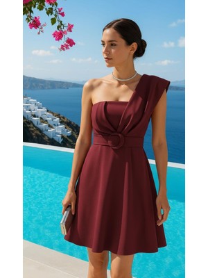 Trend Esinty Kadın Tek Omuz Detaylı Kemerli Scuba Kumaş Mini Elbise