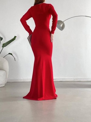 Trend Esinty Kadın V Yaka Eteği Fırfırlı Yırtmaçlı Krep Abiye Elbise