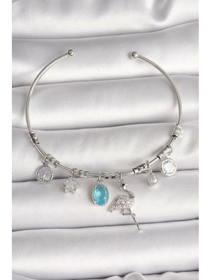 VeraGlobe Buğz Pirinç Gümüş Renk Sallantı Zirkon Taşlı Filaminga Figür Charm Kadın Bileklik