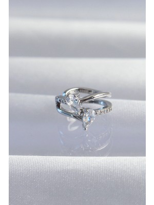 VeraGlobe Buğz Pirinç Gümüş Renk Zirkon Taşlı Damla Earcuff Küpe