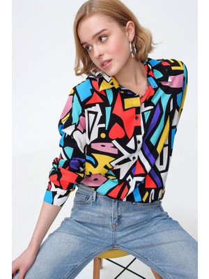 Queene Dreams 3721 Grafik Desenli Gömlek - Siyah