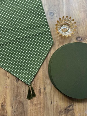 Halfart Yeşil Puantiyeli Runner ve 6’lı Yeşil Supla Takımı | Duck Keten | Su Geçirmez Masa Takımı