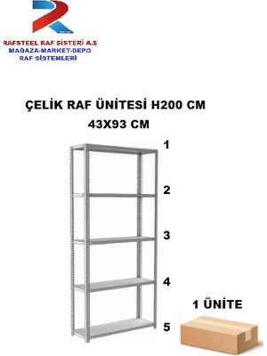 Rafsteel Depolama Çelik Raf Ünitesi  43X93 cm 5 Sıra Raflı