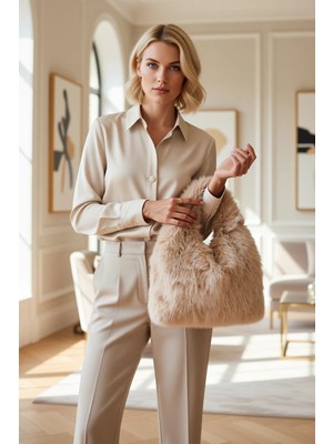 Benerly Kadın Suni Kürk Metal Halka Detaylı Omuz ve El Çantası Düz Desen Örme Dokulu Günlük Kullanım Kış