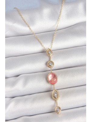 VeraGlobe Buğz Pirinç Zincir Pembe Gold Renk Zirkon Taşlı Y Kolye