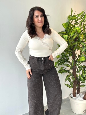 Patuta Butik Kahverengi Yıkama Efektli Taşlı Jean Pantolon