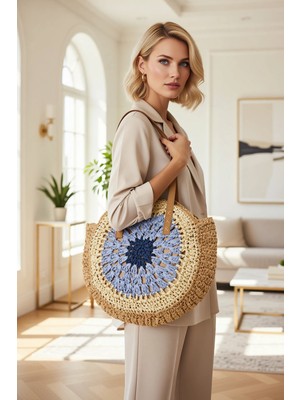 Benerly Kadın El Örgüsü Yuvarlak Hasır Omuz Çanta Dokuma Yapı Orta Boy Yazlık Günlük Kullanım Için Tasarım