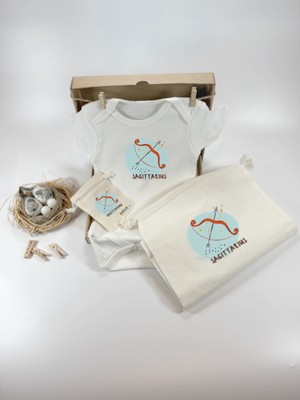 Kidilia Yay Burcu Tasarımlı %100 Pamuklu Kısa Kollu Bebek Body ve Ham Keseli Hediye Seti