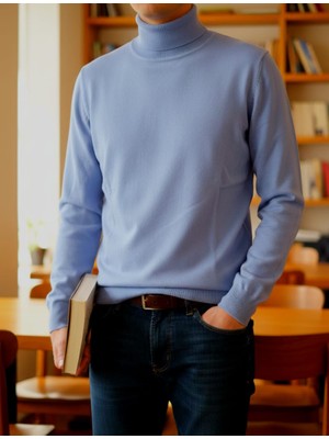 Sdnyazo Premium Erkek Mavi Tam Balıkçı Yaka Slim Fit Fitilli Triko Kazak