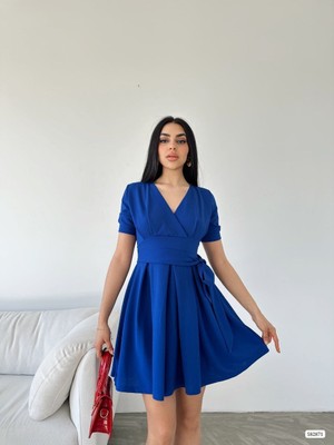 Merlavin Kadın Kruvaze Yaka Kısa Kol Mini Kloş Elbise