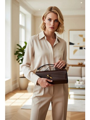 Benerly Kadın Dokuma Örgü Desenli Omuz Askılı Dönmeli Kilit Detaylı Elde Taşımalı Silindirik Formda Çanta