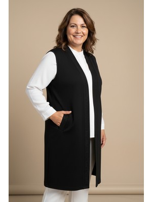 Laden Kadın Çelikli Örgü Triko Büyük Beden Battal Anne Mevsimlik Uzun Siyah Taşlı Yelek