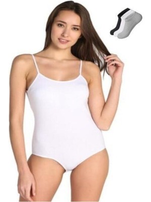 Tutku Kadın Beyaz 3'lü Paket Pamuklu Ribana Ip Askılı Atlet & 3 Adet Siyah Beyaz Gri Çorap-3 'lübeyaz-S