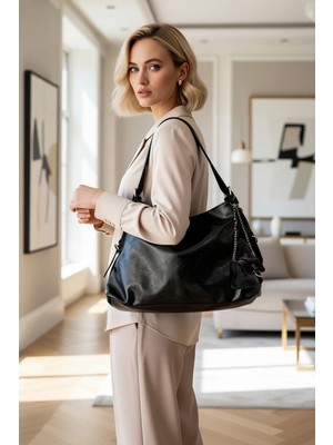 Benerly Kadın Kırışık Dokulu Omuz Çantası Kemer Tokalı Kese Detaylı Zincir Aksesuarlı Ayarlanabilir Askılı