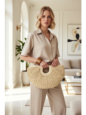 Benerly Kadın Hasır Örgü Oval Orta Boy El Çantası Dokuma Yapı Sap Detaylı Geniş Iç Hacimli Model Şık