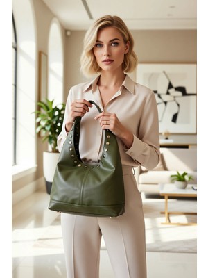 Benerly Kadın Oval Orta Boy Omuz Çantası Zımba Detaylı Düz Dokuma Yüzey Fermuarlı Iç Bölme Geniş Hacimli