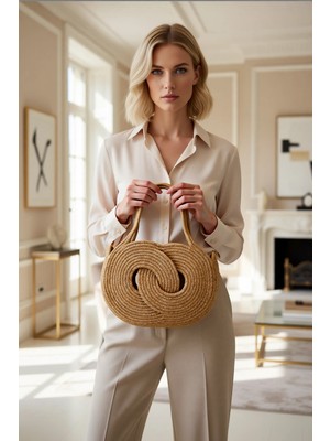 Benerly Kadın Hasır Dokuma Orta Boy Omuz Çantası Yuvarlak Formlu Kağıt Ip Örgü Detaylı Günlük Kullanım