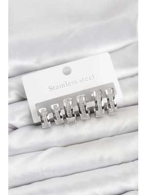 VeraGlobe Buğz 316L Çelik Gümüş Renk Zirkon Taşlı Halka Küpe Seti