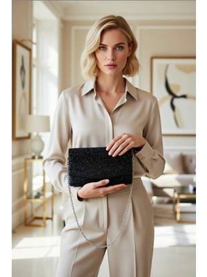 Benerly Kadın Simli Parti Clutch Çanta Zincir Askılı Düz Desen Kapaklı Kapanış Mekanizmalı Model