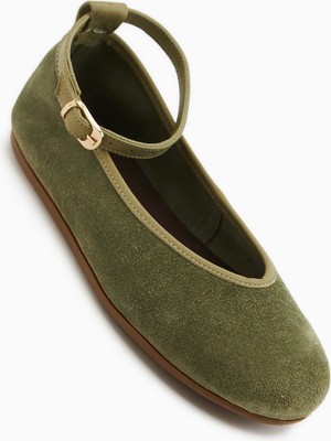 Limoya Jenin Hakiki Deri Haki Süet Kemerli Kadın Babet