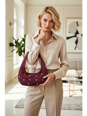 Benerly Kadın Omuz Çantası Dokulu Dokuma Materyal Zımba Detaylı Geniş Iç Hacimli Günlük Kullanım