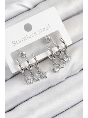 VeraGlobe Buğz Pirinç Sallantılı Zirkon Taşlı Model Gümüş Renk Kadın Küpe