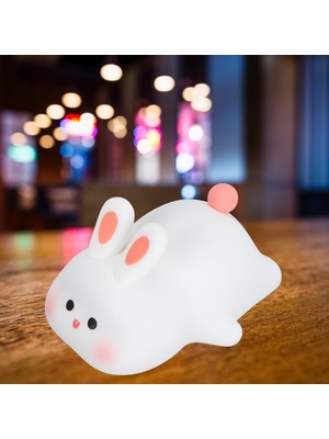 Big Face Rabbit Gece Lambası Tavşan Silikon Sevimli USB Şarj Edilebilir Dokunmatik Tavşan Lamba