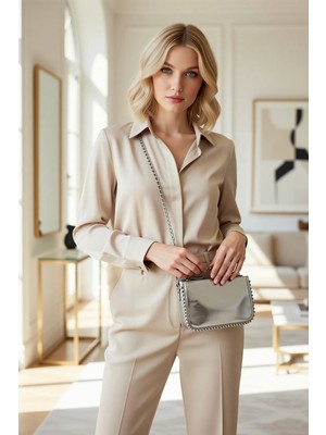 Benerly Kadın Zımba Detaylı Çapraz Askılı Dikdörtgen Formlu Fermuar Kapanışlı Küçük Omuz Cüzdan Çanta