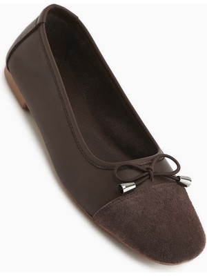 Limoya Anjela Hakiki Deri Kahve Fiyonk Detaylı Kadın Babet Ayakkabı