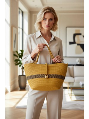 Benerly Kadın Orta Boy Omuz Çantası Kontrast Şerit Desenli Ahşap Detaylı Büzgülü Kapanma Günlük Kullanım