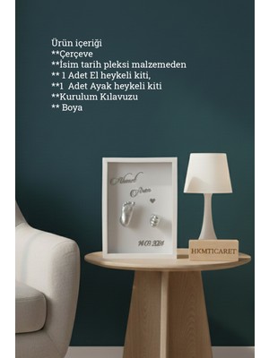 Verda Çerçeve  25X35X7 cm Bebek El Ayak Gümüş Heykel Yapım Kiti ve Beyaz Derin Anı Çerçevesi 3D Kalıp Alma