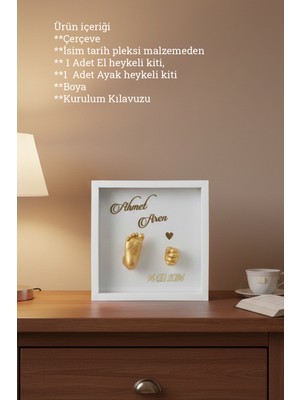 Verda Çerçeve  25X25X7 cm Bebek El Ayak Gold Heykel Yapım Kiti ve Beyaz Derin Anı Çerçevesi 3D Kalıp Alma