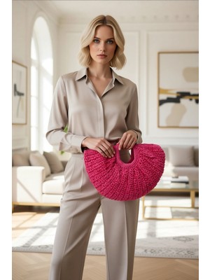 Benerly Kadın Hasır Örgü Oval Orta Boy El Çantası Dokuma Yapı Sap Detaylı Geniş Iç Hacimli Model Şık