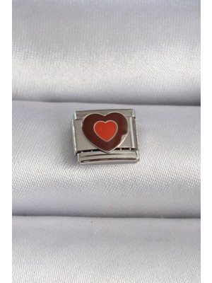 VeraGlobe Buğz 316L Çelik Gümüş Renk Kahverengi Kalp Işlemeli Nomination Charm