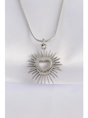 VeraGlobe Buğz 316L Çelik Zincir Gümüş Renk Kalp Güneşi Tasarımlı Kolye