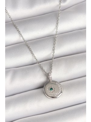 VeraGlobe Buğz 316L Çelik Gümüş Renk Zincir Madalyon Zirkon Taşlı Işlemeli Hilal Yıldız Model Kadın Kolye