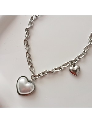 Lente Aksesuar Silver Renk Bombeli Sedefli Kalp Kolye