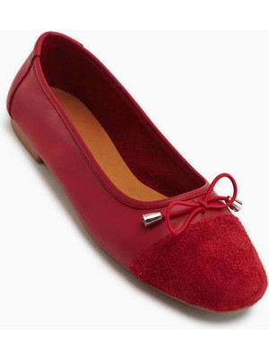 Limoya Anjela Hakiki Deri Kırmızı Fiyonk Detaylı Kadın Babet Ayakkabı