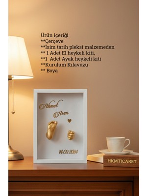 Verda Çerçeve  25X35X7 cm Bebek El Ayak Gold Heykel Yapım Kiti ve Beyaz Derin Anı Çerçevesi 3D Kalıp Alma