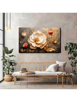 3D Çiçek Dokulu Lüks Kanvas Tablo — Gold & Bej Çiçek Teması