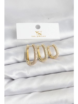 VeraGlobe Buğz Pirinç Gold Renk Zirkon Taşlı Halka Model Ysx Trio Küpe Seti