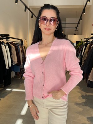 Patuta Butik Pembe V Yaka  Önü Düğmeli Hırka